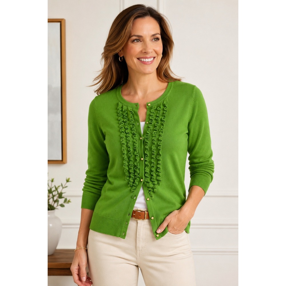 Talbots Womens Green Ruffle Front Cardigan Sweater Gold Buttons Size S
